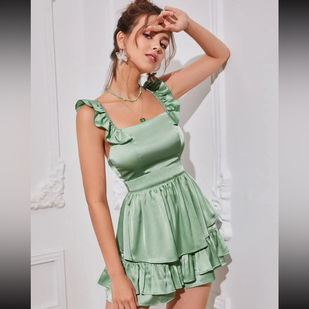 SHEIN Layered Hem Ruffle Trim Romper